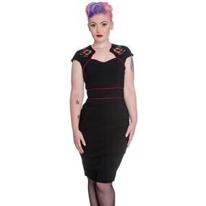 Hell Bunny Hibiscus Pencil Dress Women's Size L Black Applique Floral Retro Glam